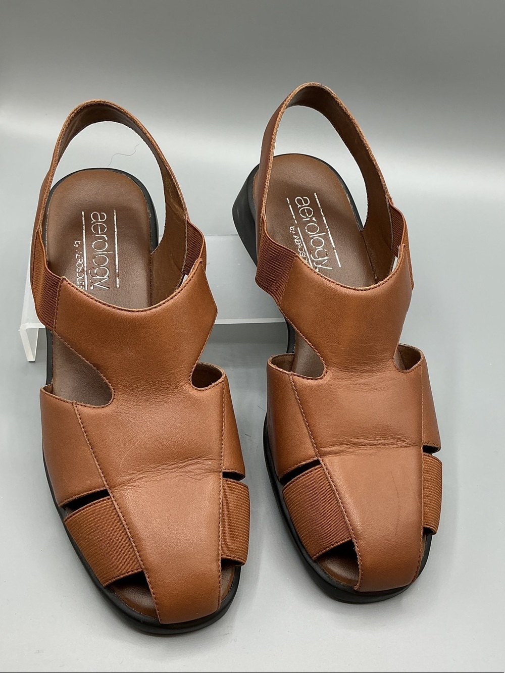 Aerology Haley Vintage Brown Leather Open-Toe Slingback Sandals, size 9W